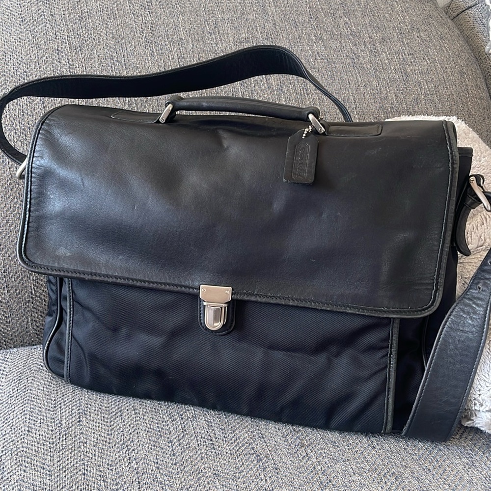 COACH Men's Black Leather & Nylon Briefcase Messenger Bag